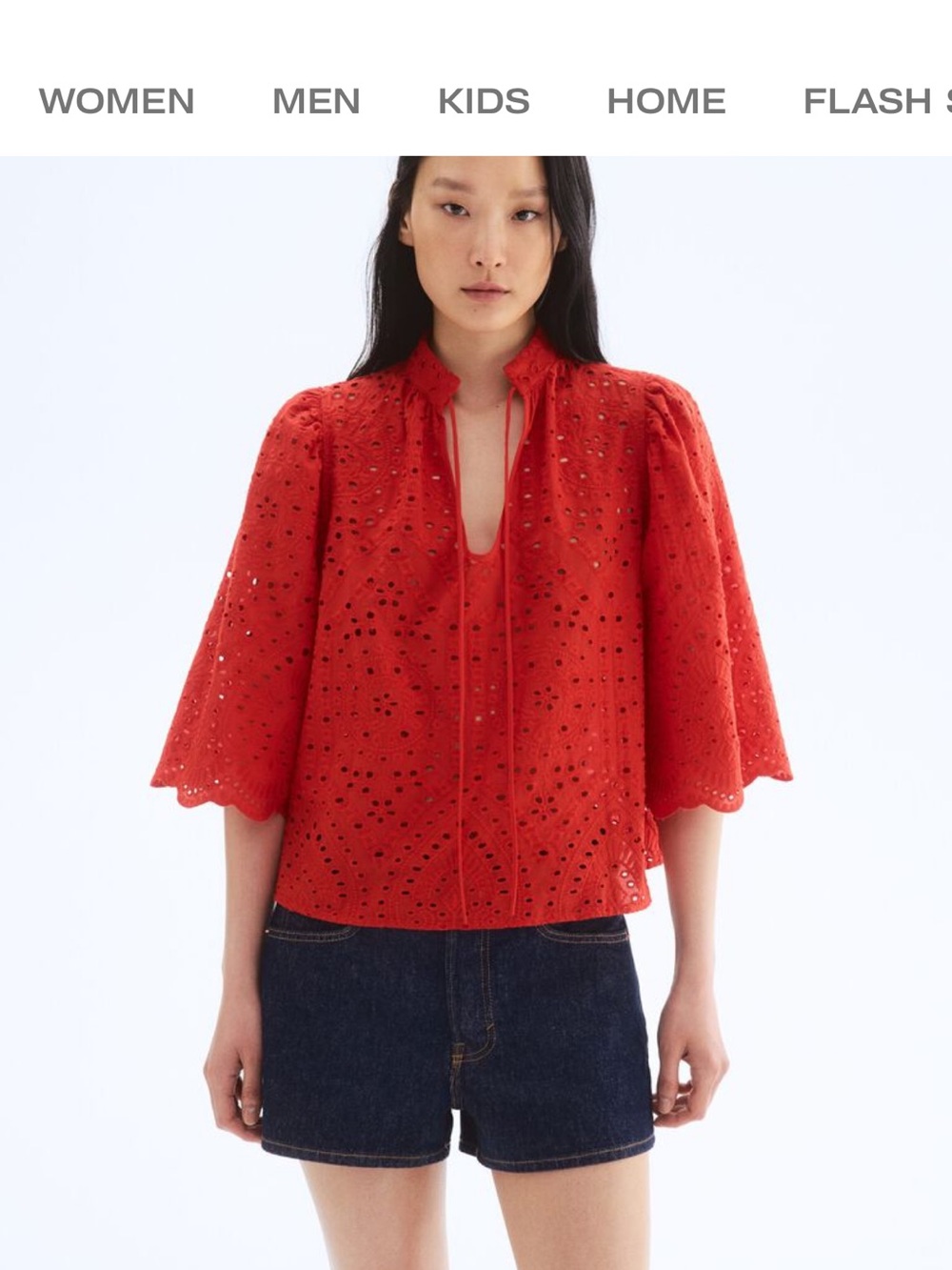 H&M Red Eyelet Tie-Neck Blouse